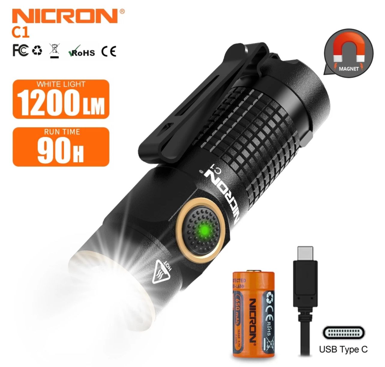 Nicron Flashlight C1 1200lumens Mini LED Flashlight Torch Lamp 148meters Long Beam Distance Mini 16340 Powerful Rechargeable Flashlight