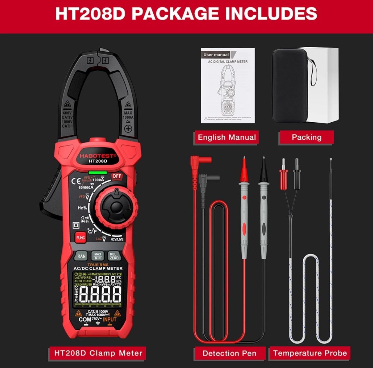 Habotest Measurement Digital Clamp Meter True-RMS NCV Multimeter Clamp AC/DC Voltage Current Meter
