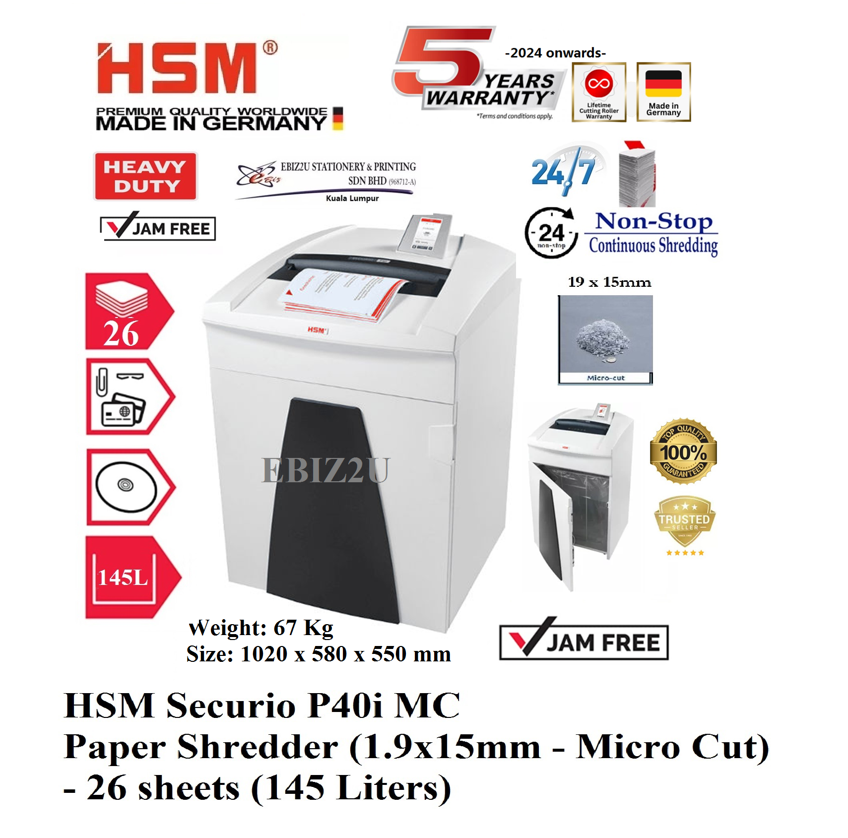 HSM Securio P40i MC Paper Shredder (1.9x15mm- Micro Cut) - 26 sheets (145 Liters) (non stop, Micro Cut, Paper Shredder, Shredder Machine, Office Shredder, Heavy Duty Shredder, Mesin Penghancur Kertas)