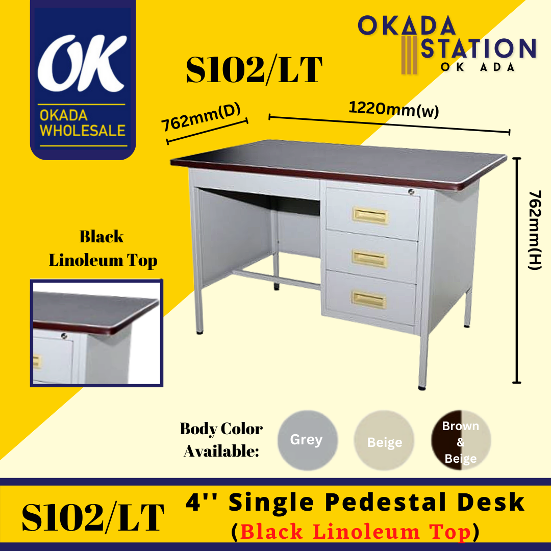 S102/LT 4'' Single Pedestal Desk (Black Linoleum Top) / Single Pedestal Desk / Pedestal Desk / Desk / Steel Table With Drawer / Steel Table / Table / Office Table