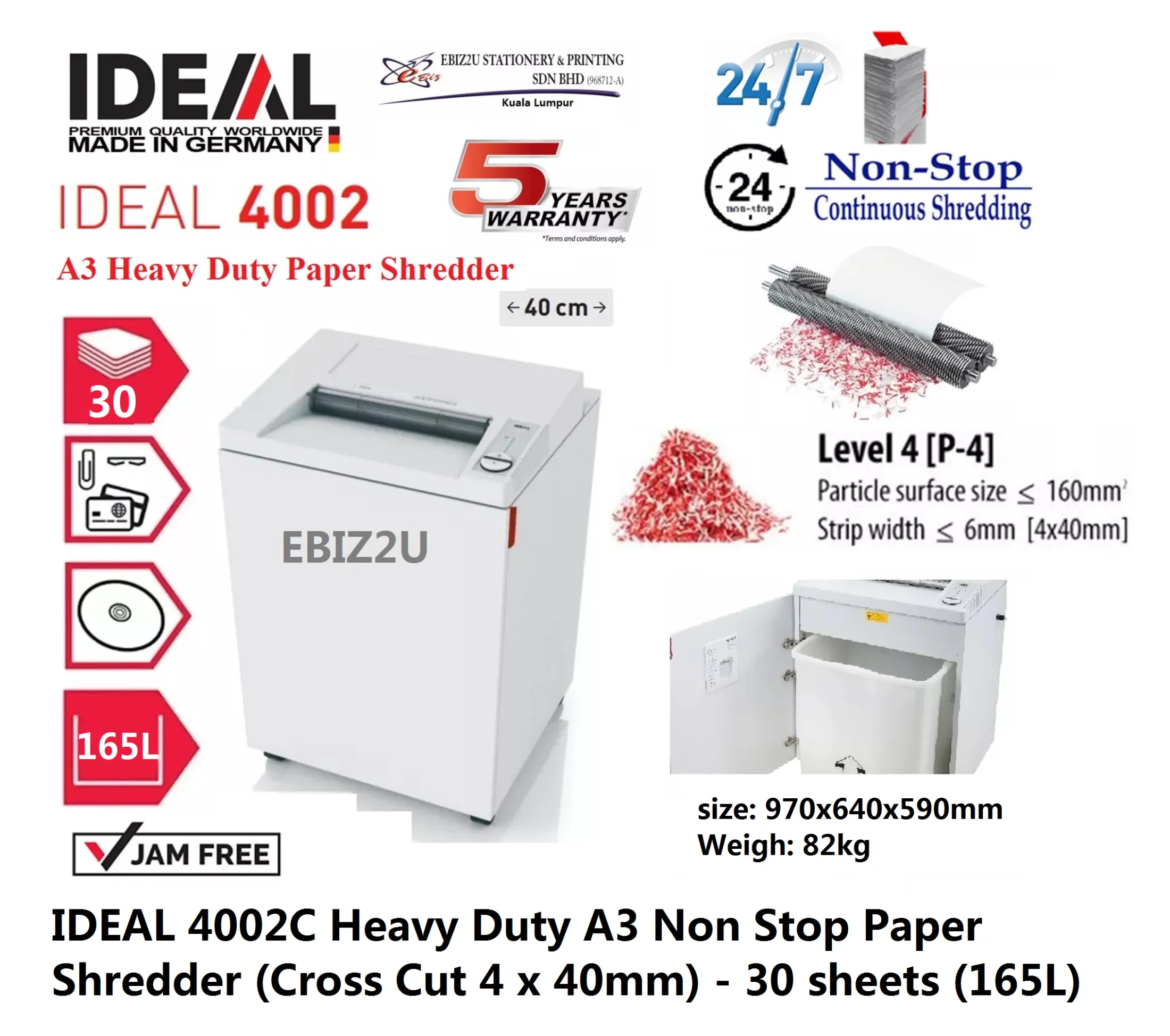 IDEAL 4002 C Heavy Duty A3 Non Stop Paper Shredder (Cross Cut 4 x 40mm) - 30 sheets (165L) (Non Stop Paper Shredder, Shredder Machine, A3 Paper Shredder, Office Shredder, Mesin Penghancur Kertas, Heavy Duty Shredder, Heavy Duty Paper Shredder)
