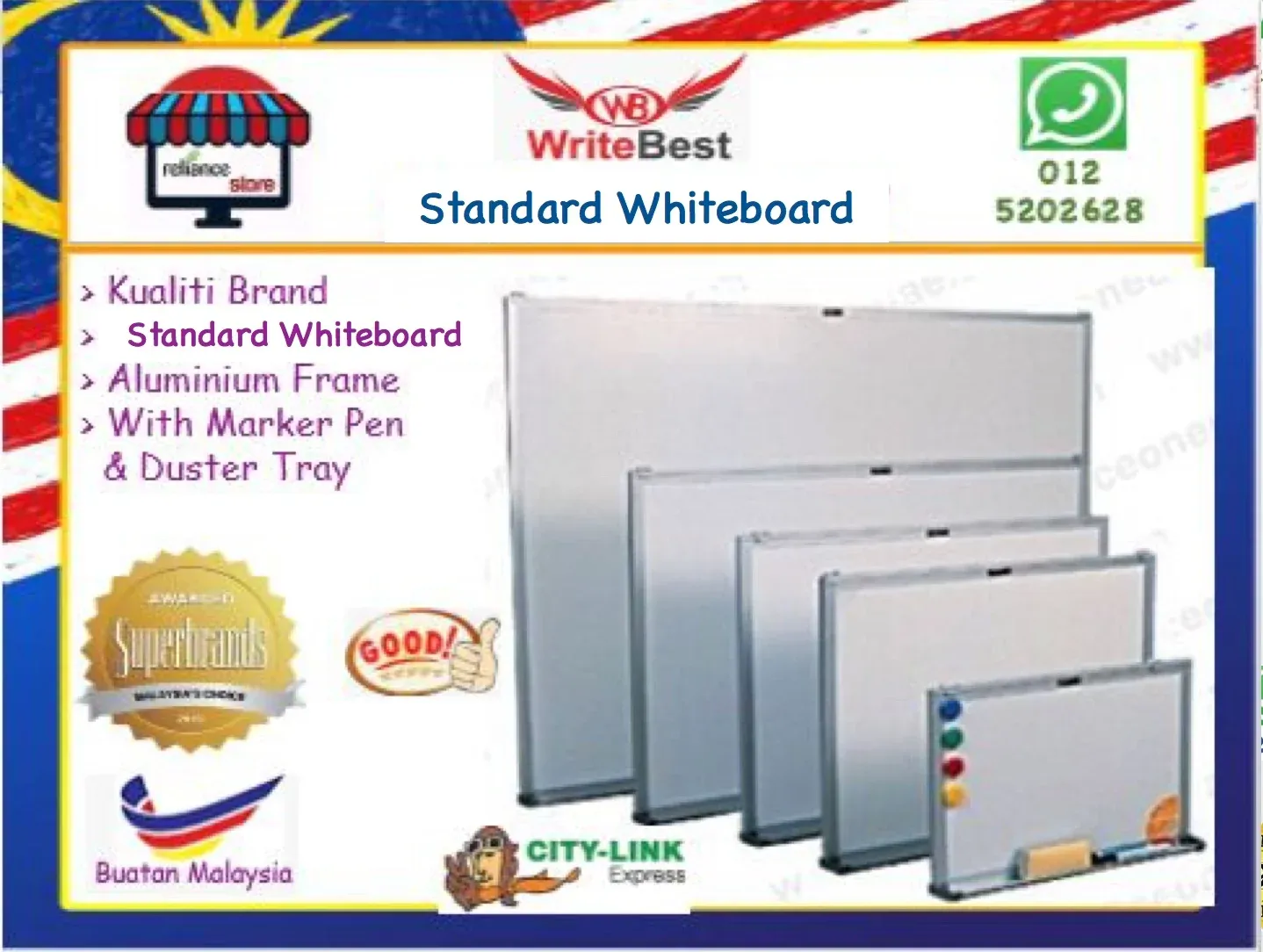 Reliance Standard Whiteboard (2' Kaki / 3' Kaki / 4' Kaki) / Magnetic Whiteboard / Papan Tulisan White Board # Aluminum Frame # Marker Pen & Duster Tray # Termasuk Pemegang Pen dan Pemadam #Buatan Malaysia # RP1102 ( KTT : 1 Unit )
