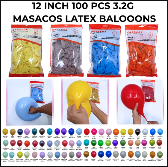 100 Pcs 12 Inches 3.2gm MASACOS Quality Latex Balloon Belon Balloons