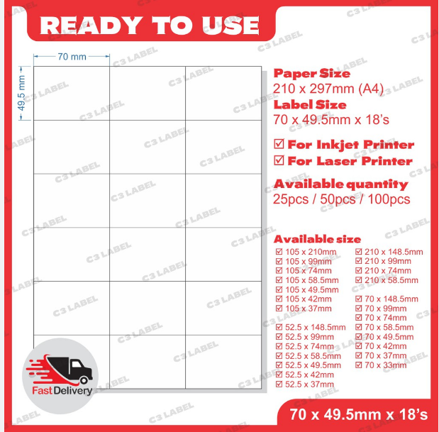 A4 - Blank Sticker Matte - 70 x 49.5mm x 18'S
