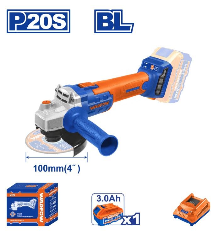 WADFOW LITHIUM-ION ANGLE GRINDER BRUSHLESS MOTOR VOLTAGE:20V NO-LOAD SPEED:3000/9000RPM DISC DIAMETER:100MM - WLAPM11