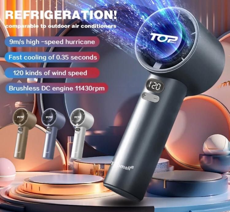 Top Mall High Speed Mini Handheld Fan 120Gear wind speed display Battery LCDBladeless Cold Fan USB Charging