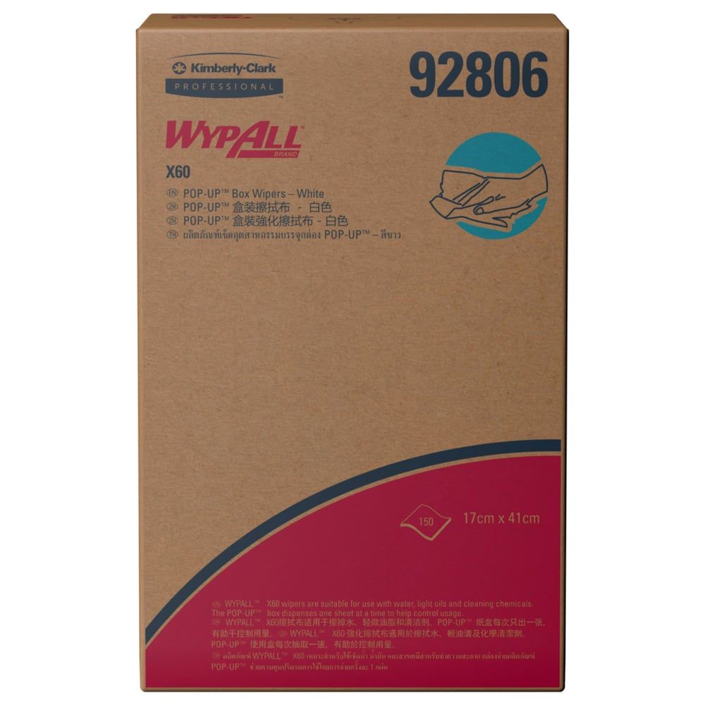 WypAll庐 X60 Wipers, Pop-Up Box (92806), White 1-Ply, 10 Boxes / Case
