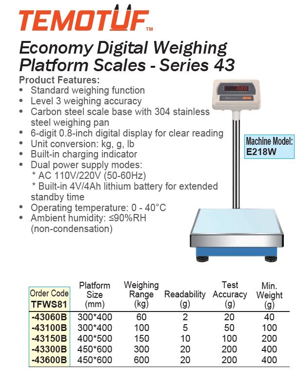 TEMO 150kg/10g/400*500mm Economy Digital Weighing Platform Scale - Series 43 with English Panel