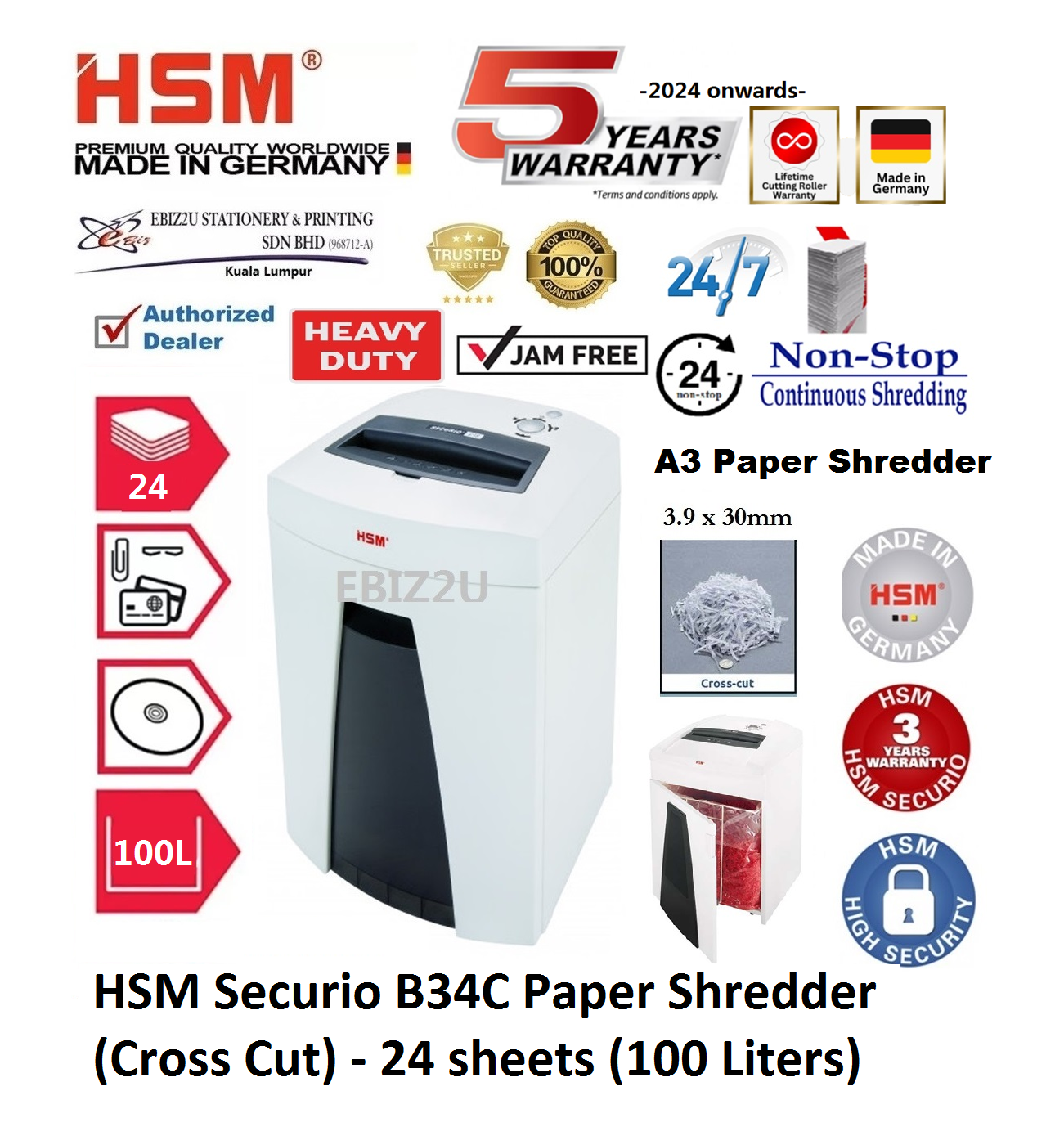 HSM Securio B34 C Paper Shredder (Cross Cut) - 24 sheets (100 Liters) ( B34C, Cross Cut, Paper Shredder, Shredder Machine, Office Shredder, Heavy Duty Shredder, Mesin Penghancur Kertas)