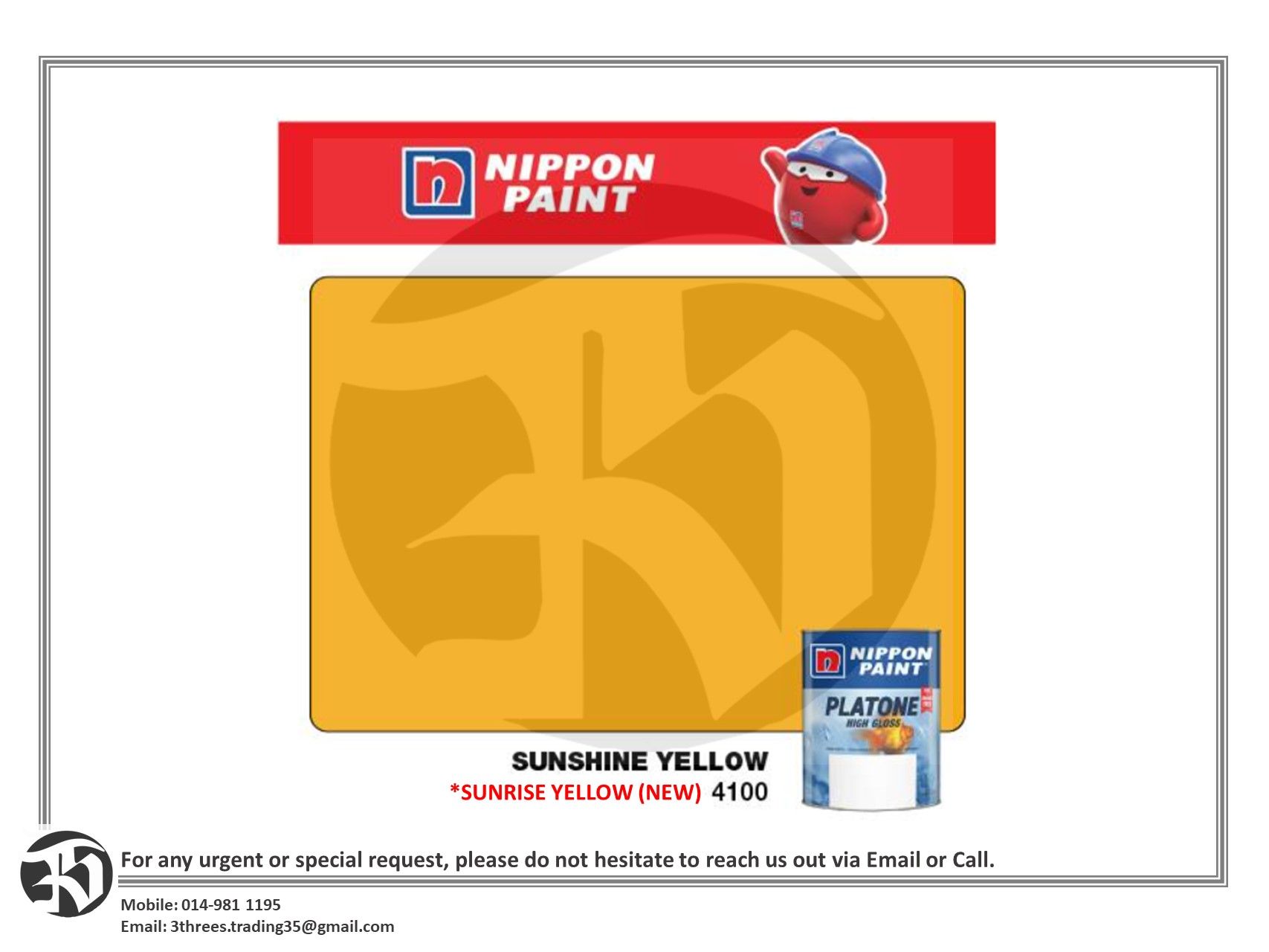 Nippon Paint Platone High Gloss Sunrise Yellow 1L/5L