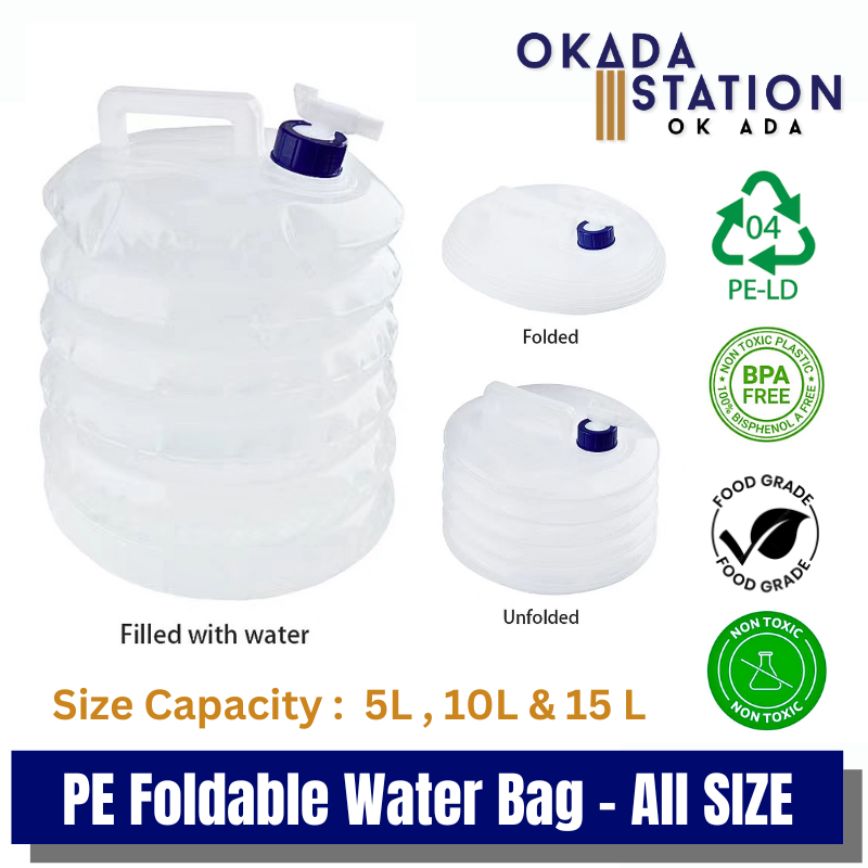 OKADA PE FOLDABLE WATER BAG (FOOD GRADE) - ALL SIZE / PE WATER BAG / PORTABLE KETTLE / PE EMPTY BAG / COLLAPSIBLE WATER CONTAINER / EMERGENCY WATER STORAGE BAG / BPA-FREE / NON-TOXIC