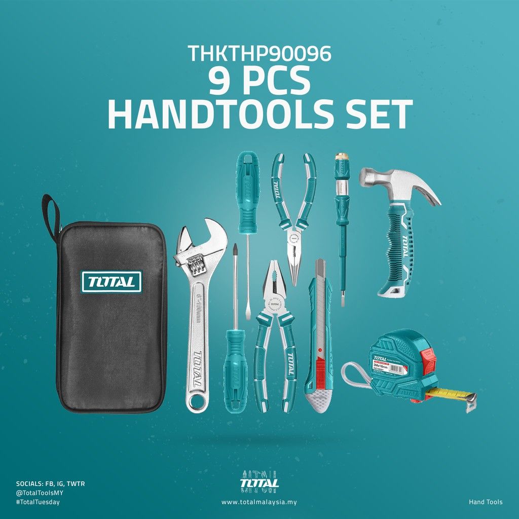 TOTAL HANDTOOLS SET WITH WRENCH HAMMER MEASURING TAPE PLIERS SCREWDRIVERS TEST PEN AND KNIFE (9 PCS) THKTHP90096