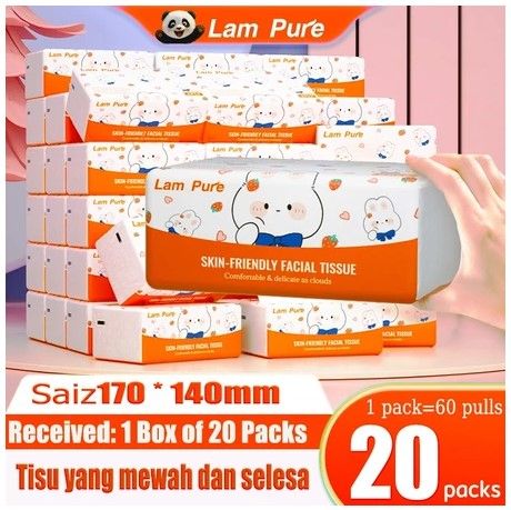 Lam Pure Deluxe Soft Pack Skin-friendly Facial Tissue Double Sided Embossin [20 Pack]