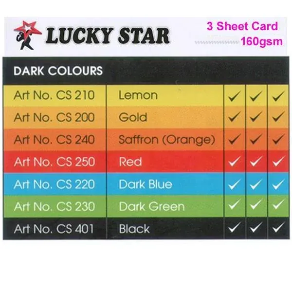 LUCKY STAR 3 SHEET CARD A4 160G 100's-DARK COLOURS