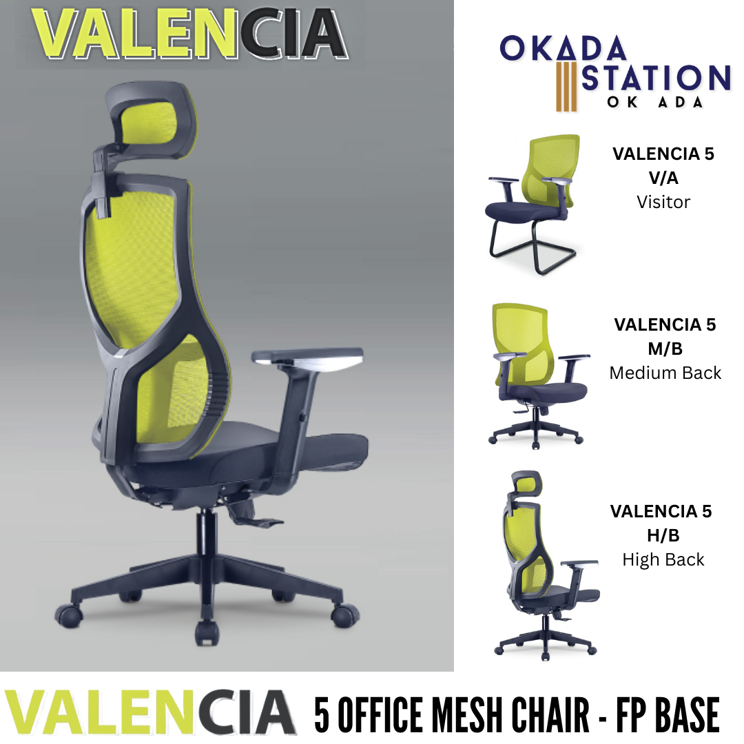 VALENCIA 5 ERGONOMIC OFFICE CHAIR - ALL SIZE / MESH SERIES / OFFICE CONFERENCE CHAIR / OFFICE SWIVEL CHAIR / EXECUTIVE CHAIR / DIRECTOR CHAIR / OFFICE CHAIR / FP HIGH BASE / FABRIC / PU LEATHER / VALENCIA 5