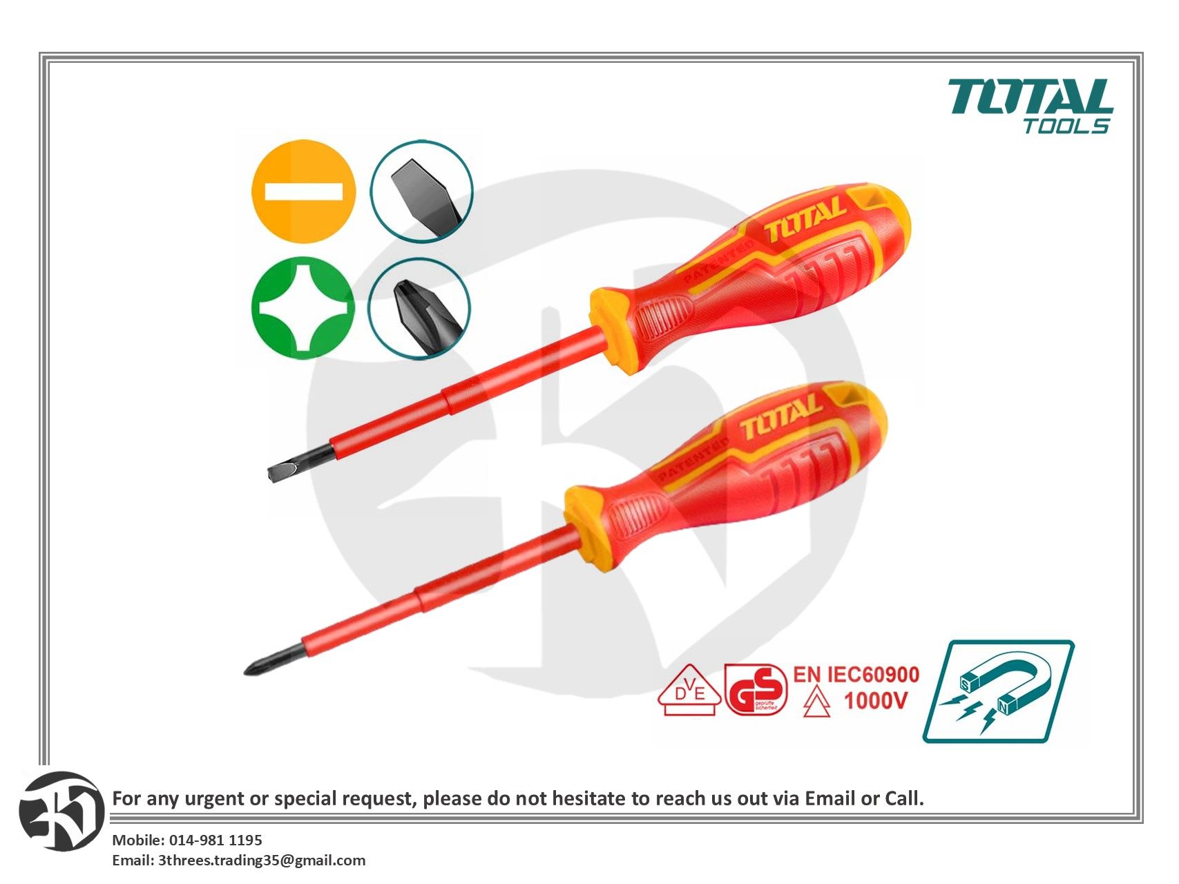 TOTAL 1000V VDE Insulated Slotted/Philips Screwdriver