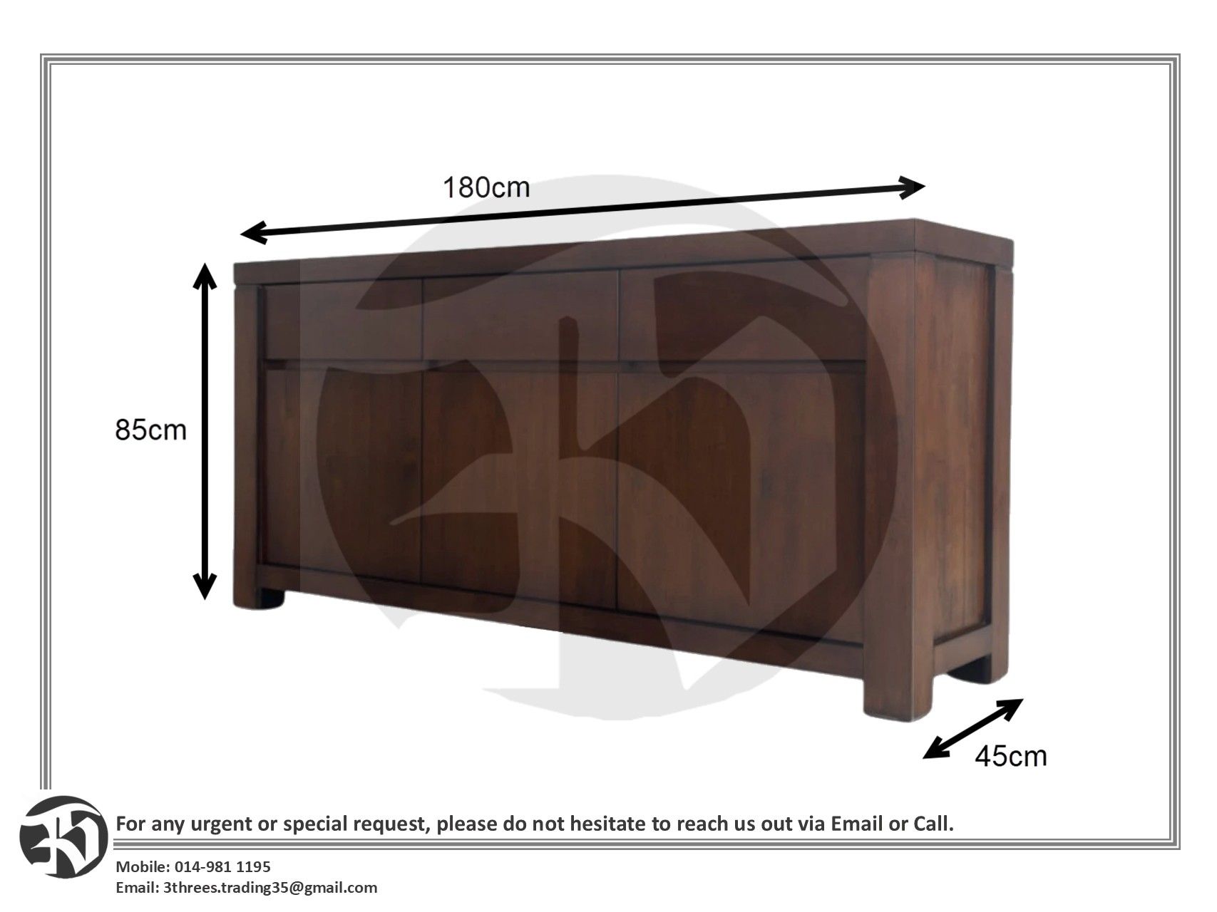Solid Wood Sideboard / Cabinet 3 Doors 3 Drawers
