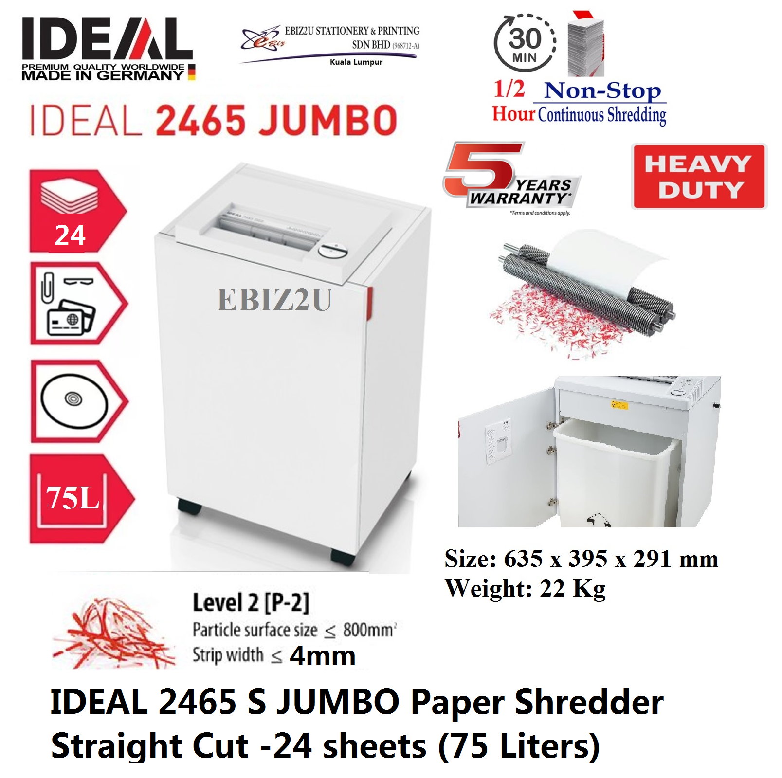 IDEAL 2465 S JUMBO Paper Shredder Straight Cut -24 sheets (75 Liters) (30 mins non stop, Strip Cut, Personal Shredder, Paper Shredder, Shredder Machine, Office Shredder, Home Shredder, Mesin Penghancur Kertas)