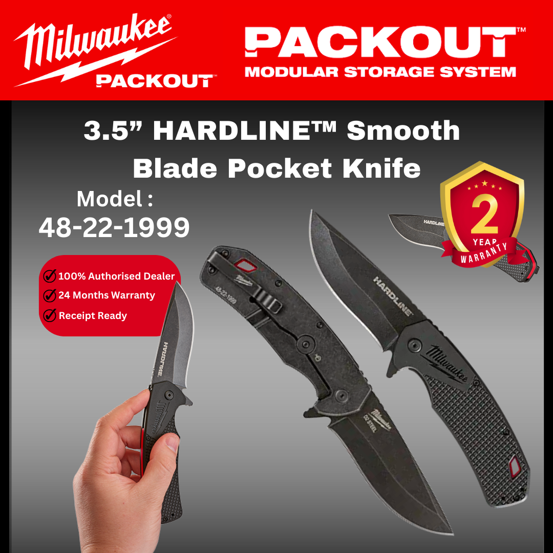 Milwaukee 3.5" Hardline Smooth Blade Pocket Knife / 48-22-1999 / Camping Knife / Hiking Knife / Pisau hutan / Pocket Blade