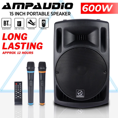 AmpAudio 15 Inch Portable Speaker (600W) Bluetooth with Echo Effect and Remote (Support TWS) Wireless Mic