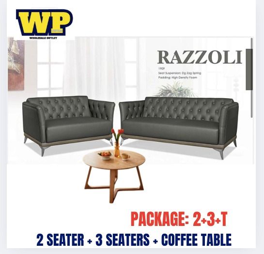 RAZZOLI SERIES OFFICE SOFA SET (2 SEATER + 3 SEATER + COFFEE TABLE) / 2 UNIT SOFA WITH TABLE SET / OFFICE SOFA WITH TABLE / OFFICE SOFA / VISITOR SOFA / SOFA PELAWAT / SOFA PEJABAT / SOFA / PU LEATHER / FABRIC / RAZZOLI 1909