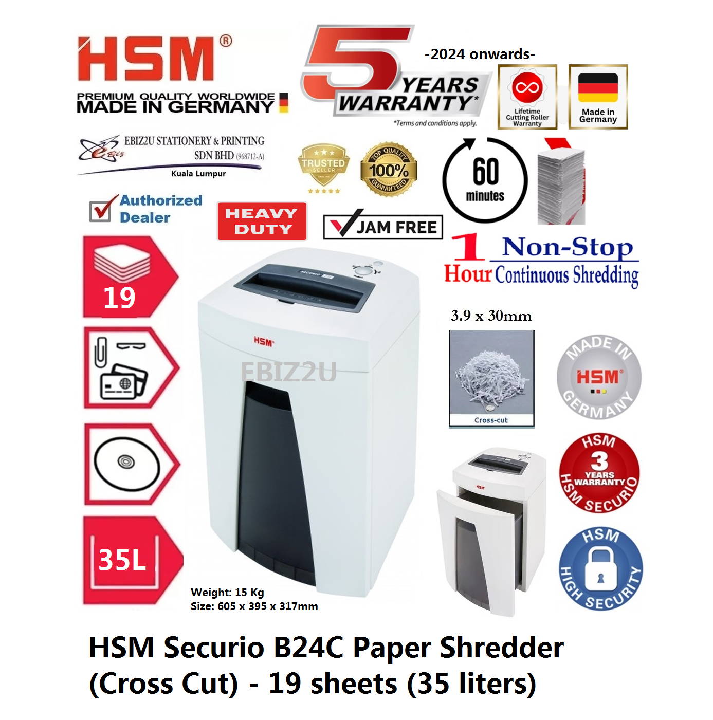 HSM Securio B24 C Paper Shredder (Cross Cut) - 19 sheets (33 liters) ( B24C, Cross Cut, Paper Shredder, Shredder Machine, Office Shredder, Heavy Duty Shredder, Mesin Penghancur Kertas)