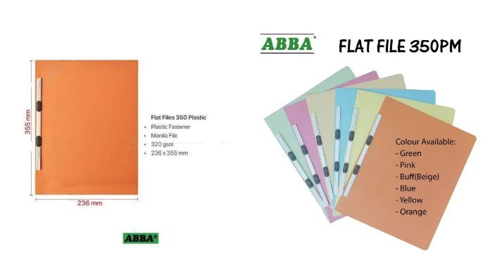 ABBA MEGA 350 FLAT FILE PLASTIC (PM) FASTENER / FILE FLAT / MANILA FILE / FLAT FILE 350 RTSB Colour: Orange / Pink / Green / Buff / Yellow / Blue.