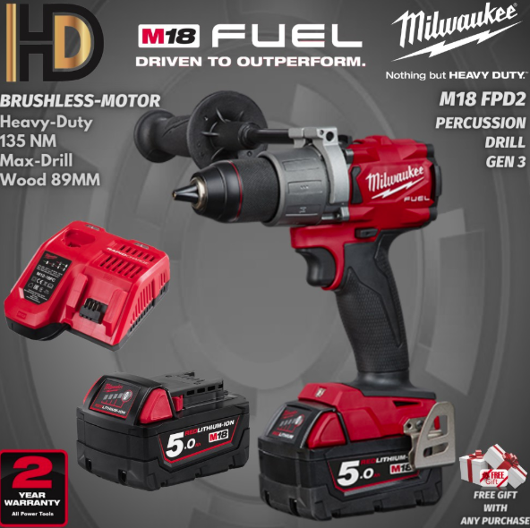 MILWAUKEE M18 FPD2-502C Fuel Gen III 13mm Percussion Drill WITH/Kit 5.0Ah