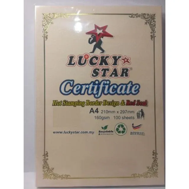 Lucky Star A4 Certificate Paper With Border 160gsm 100 sheets /Lucky Star /A4 Certificate /Certificate Paper /Certificate Paper With Board /160gsm /Kertas Sijil