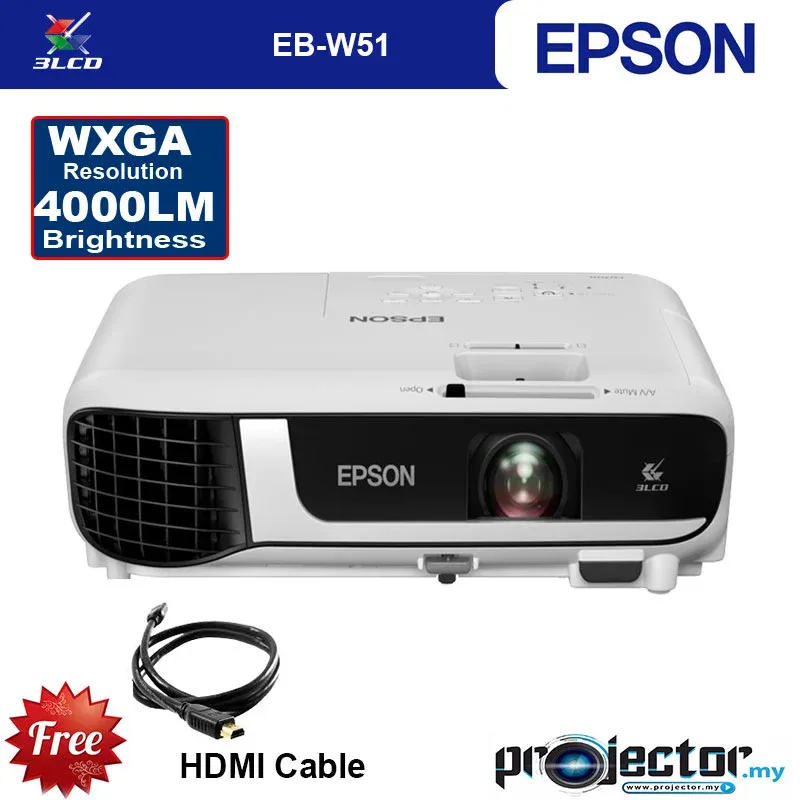 EPSON EB-W51 4000 ANSI Lumens WXGA 3LCD Projector, HDMI / USB, VGA PORT, W51, EB W51