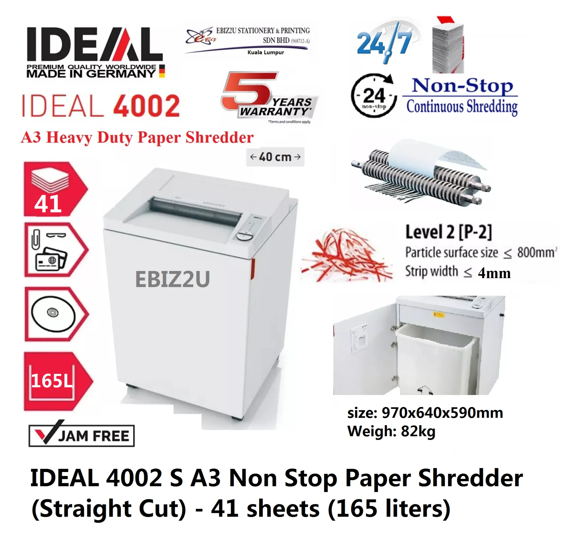 IDEAL 4002 S A3 Paper Shredder (Straight Cut)-41 sheets (165 liters)Replace by 4003S