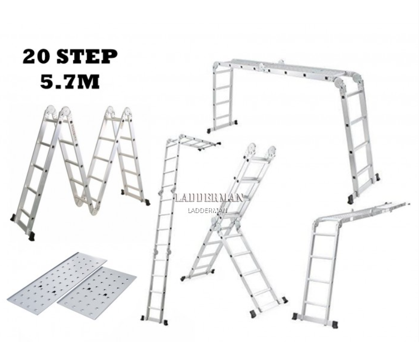 M57MLWP 20 STEP MULTIPURPOSE ALUMINIUM LADDER WITH WALKING PLATFORM 5.7M