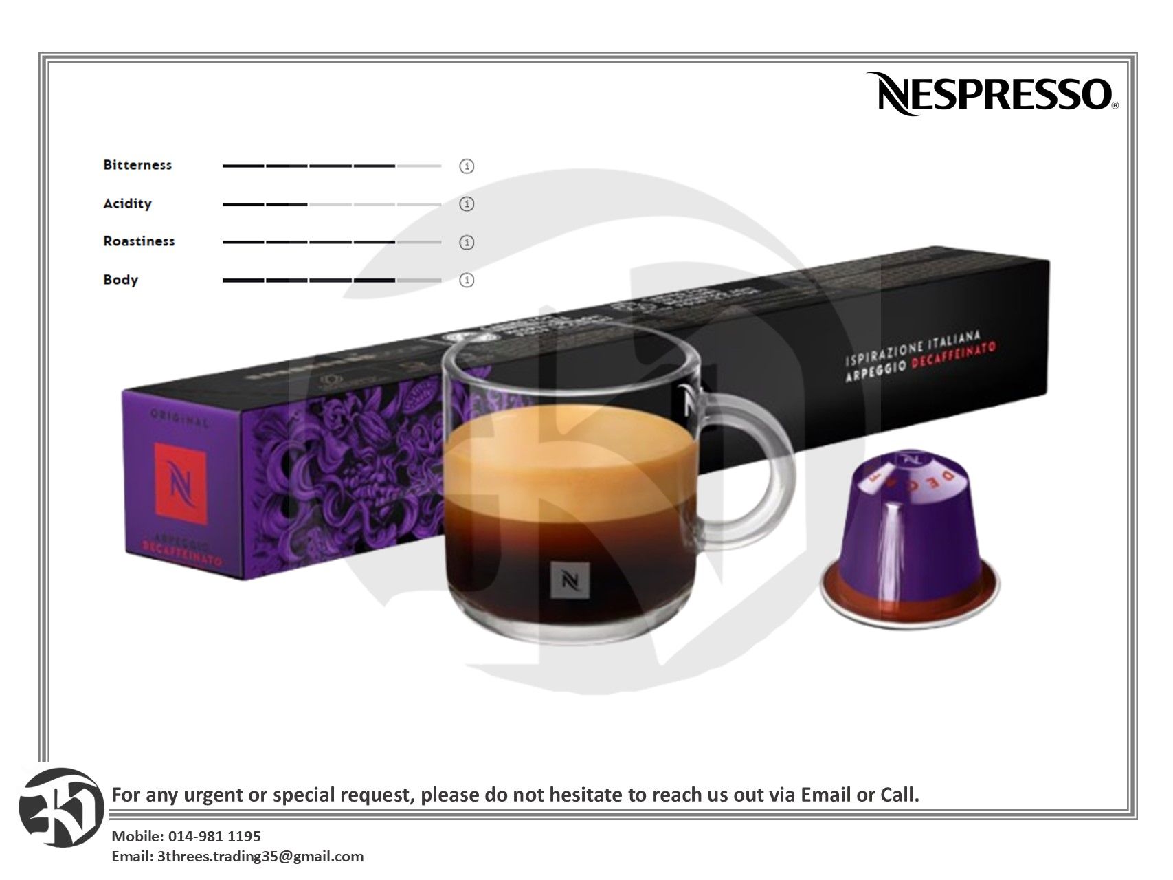 Nespresso Original Ispirazione Italiana Arpeggio Decaffeinato Intensely Roasted with Cocoa Notes (10 Capsules)