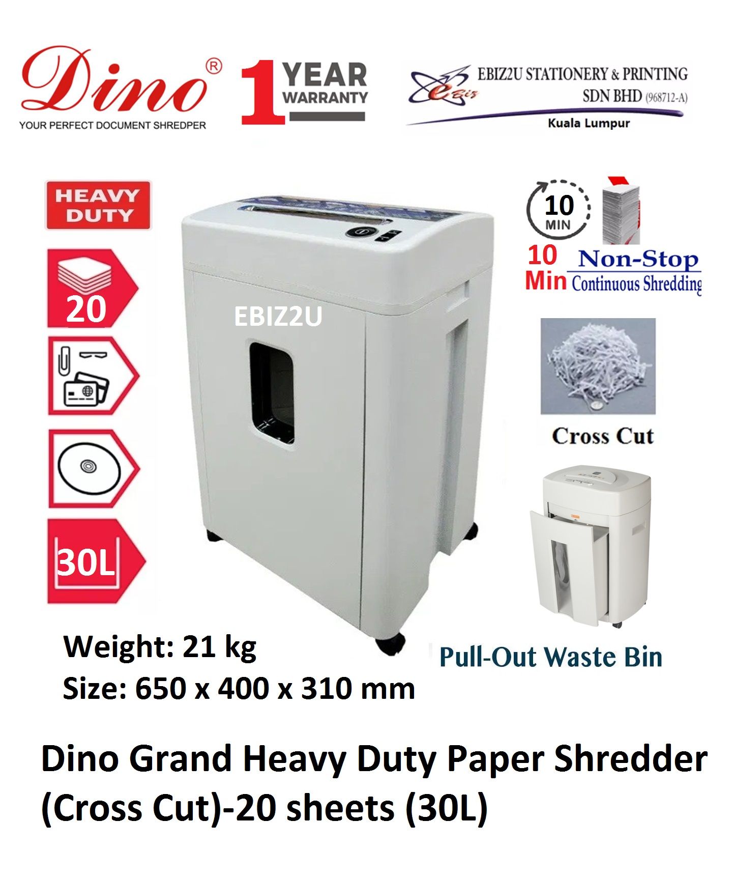 Dino Grand Heavy Duty Paper Shredder (Cross Cut)-20 sheets (30L) (Cross Cut, Paper Shredder, Shredder Machine, Office Shredder, Heavy Duty Shredder, Mesin Penghancur Kertas)