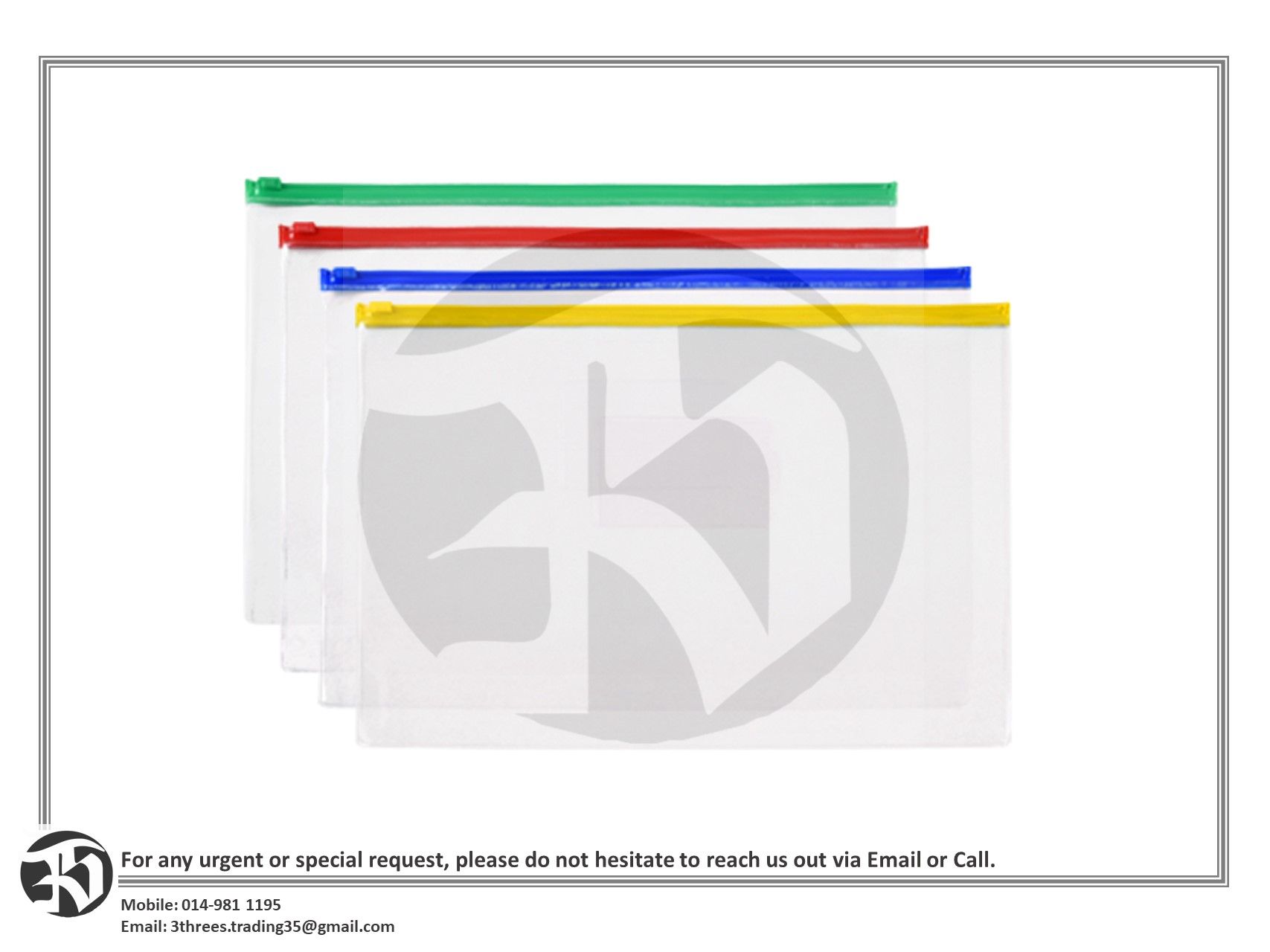 A3 Transparent PVC Zipper Bag