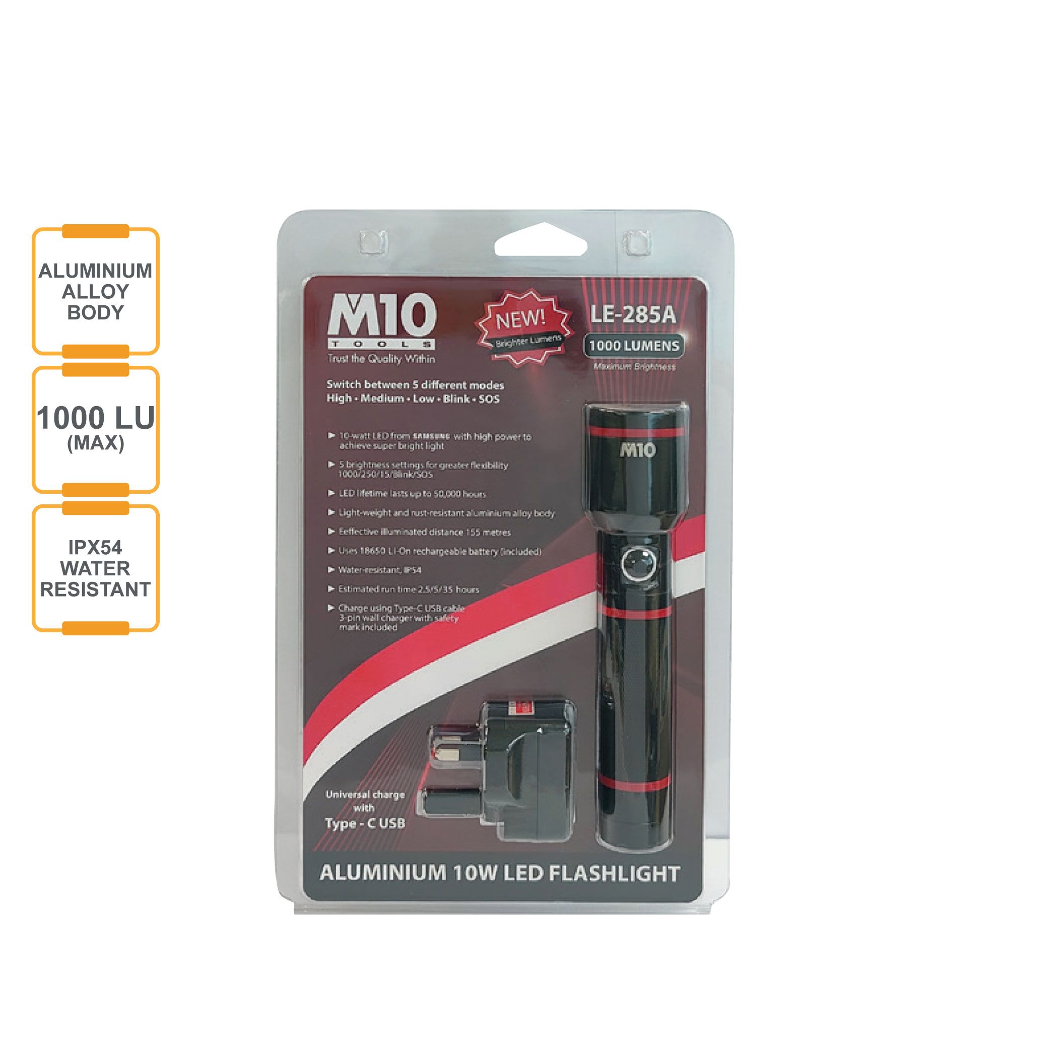 M10 Aluminium Rechargeable 10W LED Flashlight - LE285A
