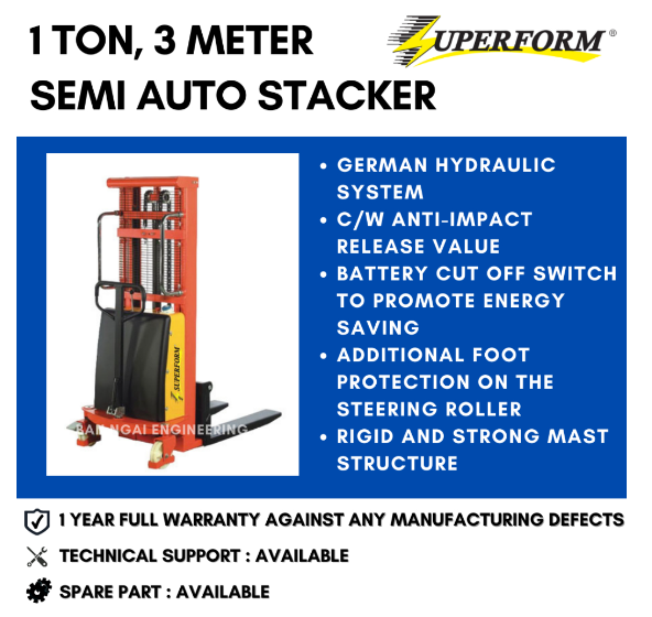 SUPERFORM 1 TON 3.3 METER SEMI AUTO HYDRAULIC STACKER SEMI ELECTRIC PALLET FORKLIFT POWERED PALLET LIFT |1 YEAR FULL WAR