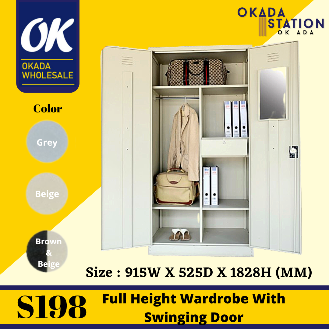 Full Height Wardrobe With Steel Swinging Door S198 Full Height Wardrobe With Steel Swinging Door (With 1 Cloth Hanging Bar , 3 Fixed Shelve , 1 Drawer With Camlock & 1 Mirror) / S198 / Full Height Wardrobe / Wardrobe / Metal Cabinet / Cabinet / Full Height / Metal Wardrobe
