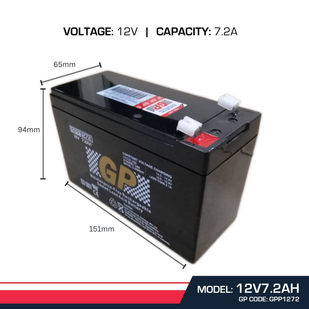 GP Back Up Battery 12V 7.2AH Rechargeable Sealed Lead Acid VRLA Battery