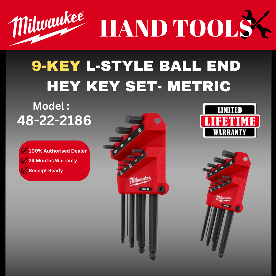 Milwaukee 9 Key L-Style Ball End Hex key Set / 48-22-2186 / Milwaukee Allen Key / Alan Key / Kunci Allen / Key Set