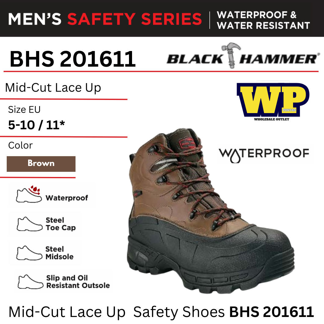 BLACK HAMMER WATERPROOF MID-CUT LACE UP SAFETY SHOES- (BHS 201611) / BLACK HAMMER / BLACK SAFE / MID-CUT LACE UP / SAFETY SHOES / SAFETY BOOTS / FOOT PROTECT / WATERPROOF / KALIS AIR / KASUT KILANG / KASUT KESELAMATAN / BHS 201611