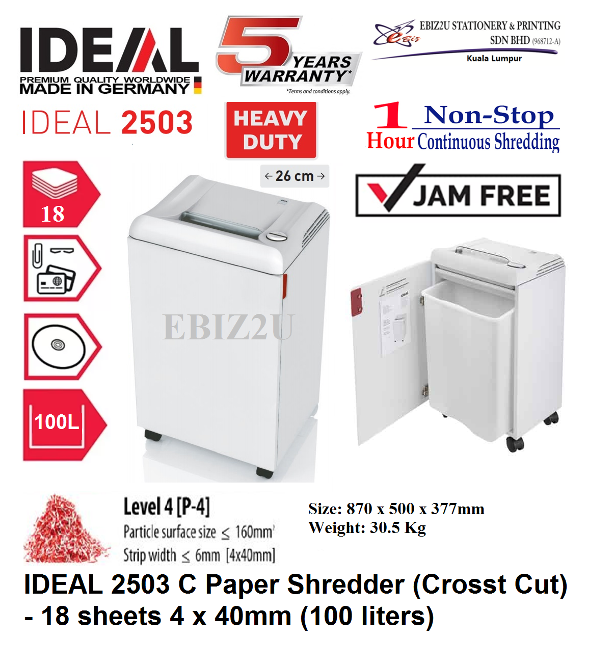 IDEAL 2503 C Paper Shredder (Crosst Cut) - 18 sheets 4 x 40mm (75 liters) (1 hour non stop, Cross Cut, Paper Shredder, Shredder Machine, Office Shredder, Heavy Duty Shredder, Mesin Penghancur Kertas)