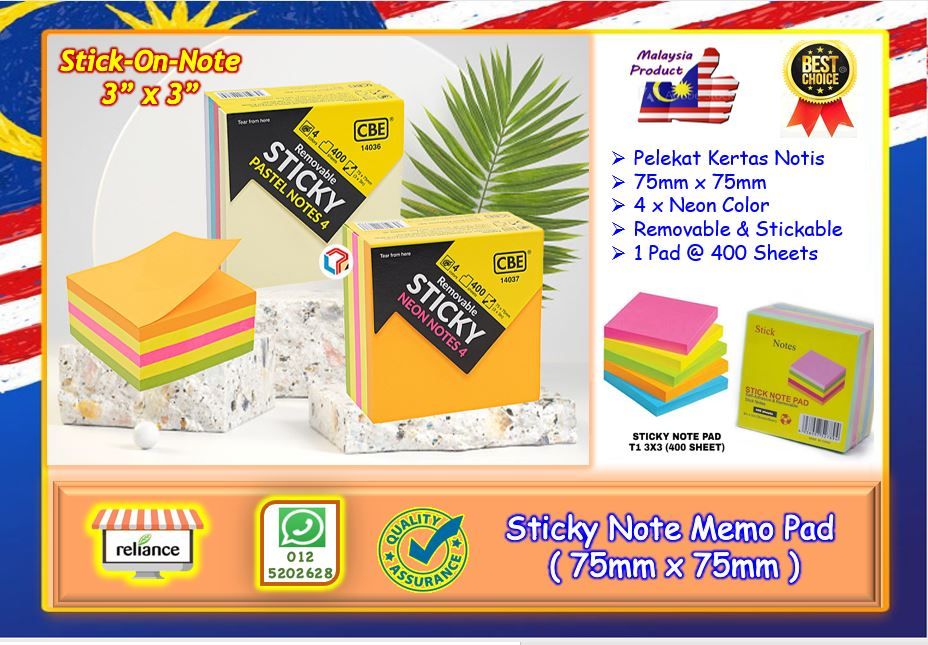 Sticky Note Pad - 75mm x 75mm / Sticky Memo Pad - 3" x 3" / Stick-On-Note / Pelekat Kertas Notis # 4 NEON Color # Self Adhesive # RS2022 ( KTT : 1 Pad @ 4 Warna x 100's = 400 Keping )