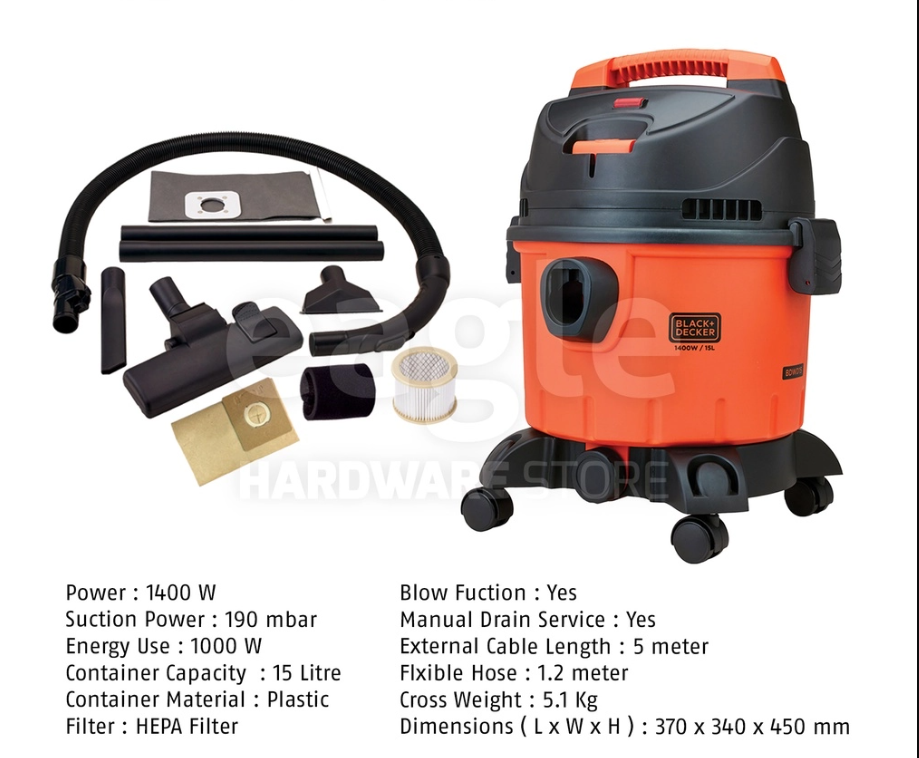 BLACK & DECKER BDWD15-XD 1400W 15 LITRE MULTIFUNCTION VACUUM CLEANER + PB152025, 5170033-51 ( BDWD15 ) ( COMBO )