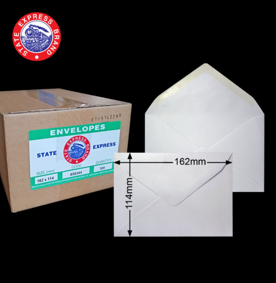STATE EXPRESS 6.375"X4.5" STATE EXPRESS 80GM WHITE GUMMED BANKER ENVELOPE (500'S X 2 BOXES)
