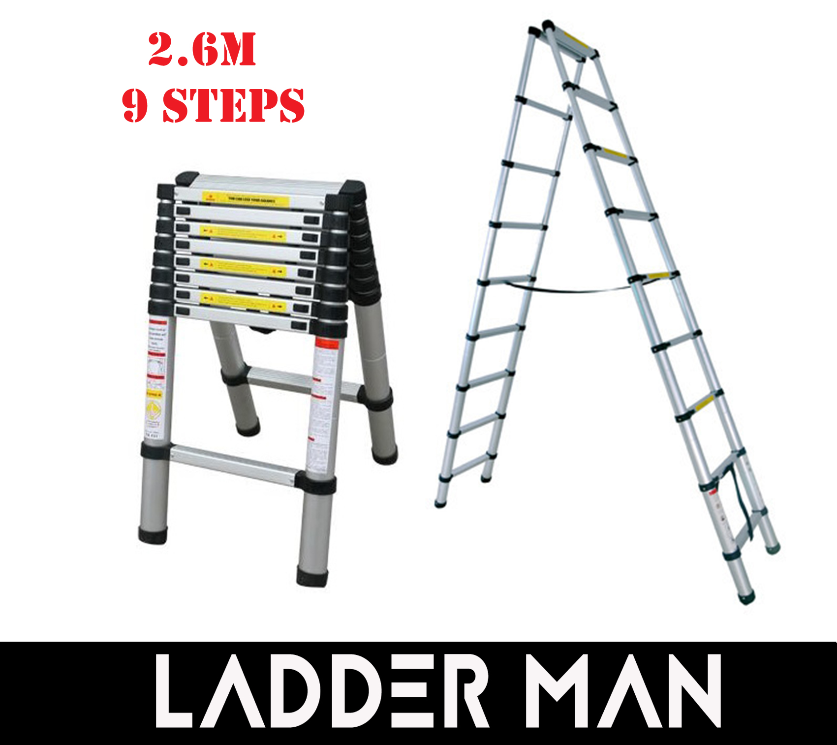 DOUBLE-SIDED TELESCOPIC EXTENDABLE ALUMINIUM LADDER 2.6M - 9 Steps