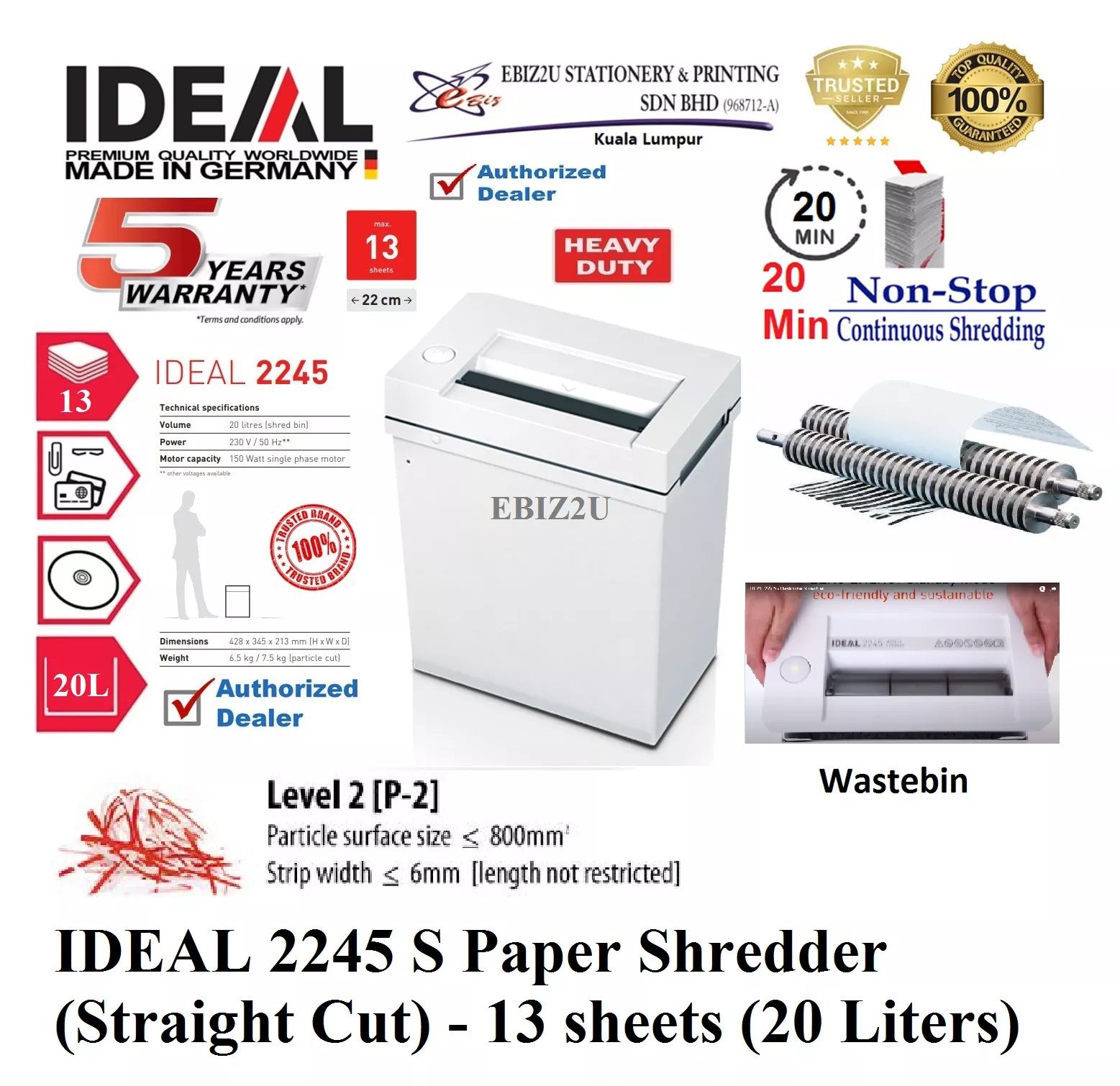 IDEAL 2245 S Paper Shredder (Straight Cut) - 13 sheets (20 Liters) 5 Years Warranty 2245S (Paper Shredder, Shredder Machine, Office Automation, Office Shredder, Mesin Penghancur Kertas, Heavy Duty Shredder, Heavy Duty Paper Shredder)