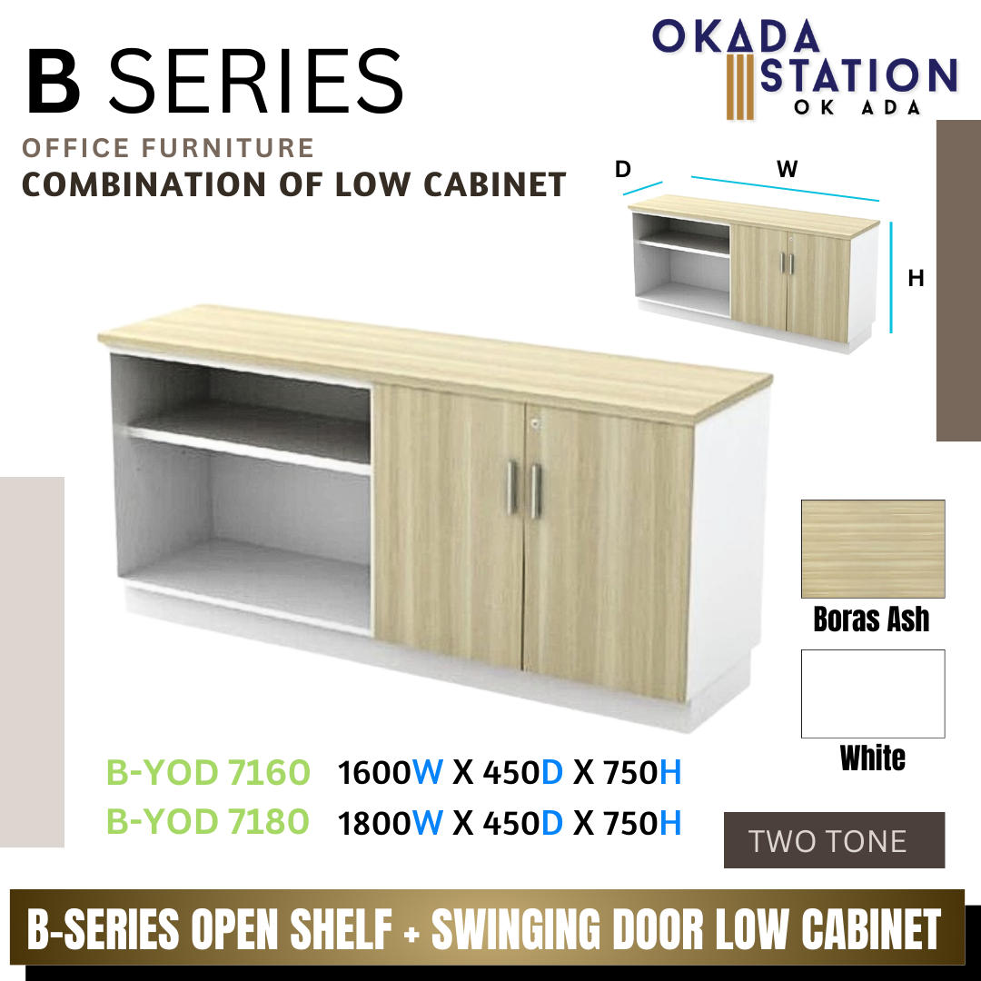 B SERIES OPEN SHELF + SWINGING DOOR LOW CABINET- (B-YOD 7160) (B-YOD 7180) / B SERIES / WOODEN LOW CABINET / COMBINATION LOW CABINET / OPEN SHELF + SWINGING DOOR CABINET/ LOW CABINET / CABINET
