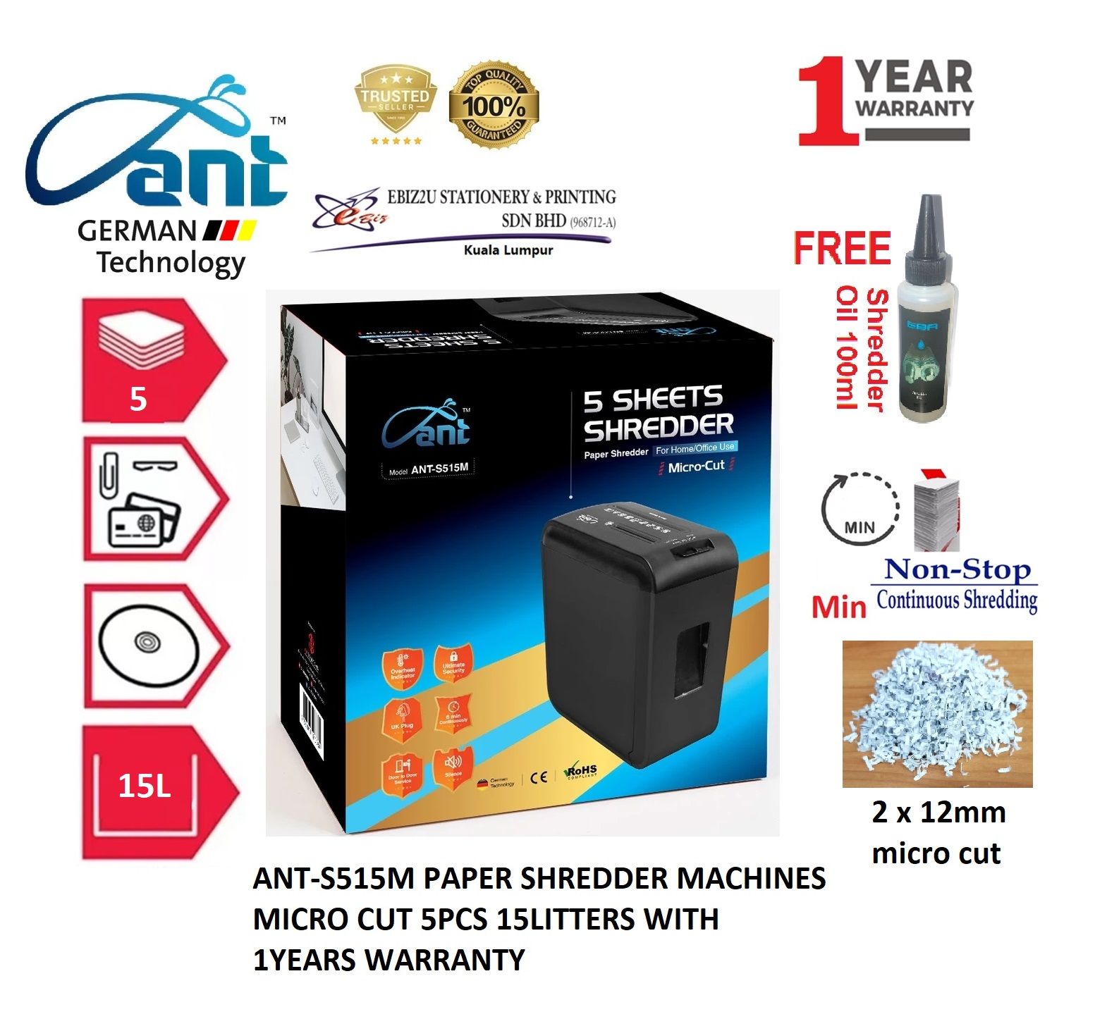 ANT-S515M PAPER SHREDDER MACHINES MICRO CUT 5PCS 15LITTERS WITH 1YEARS WARRANTY
