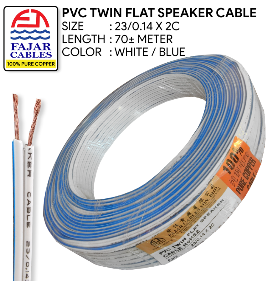 FAJAR CABLE – PVC TWIN FLAT SPEAKER CABLE 70M± (23/0.14 X 2C) (BLUE/WHITE)